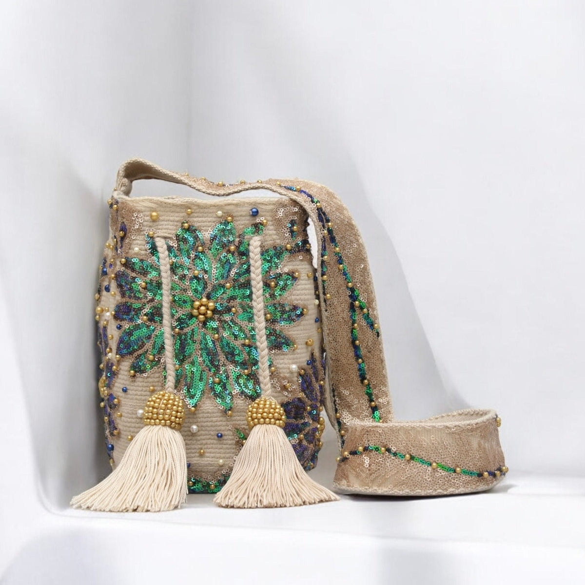 Crossbody Bucket Bag for Women - Abby Bag with Tassels and Bead Details